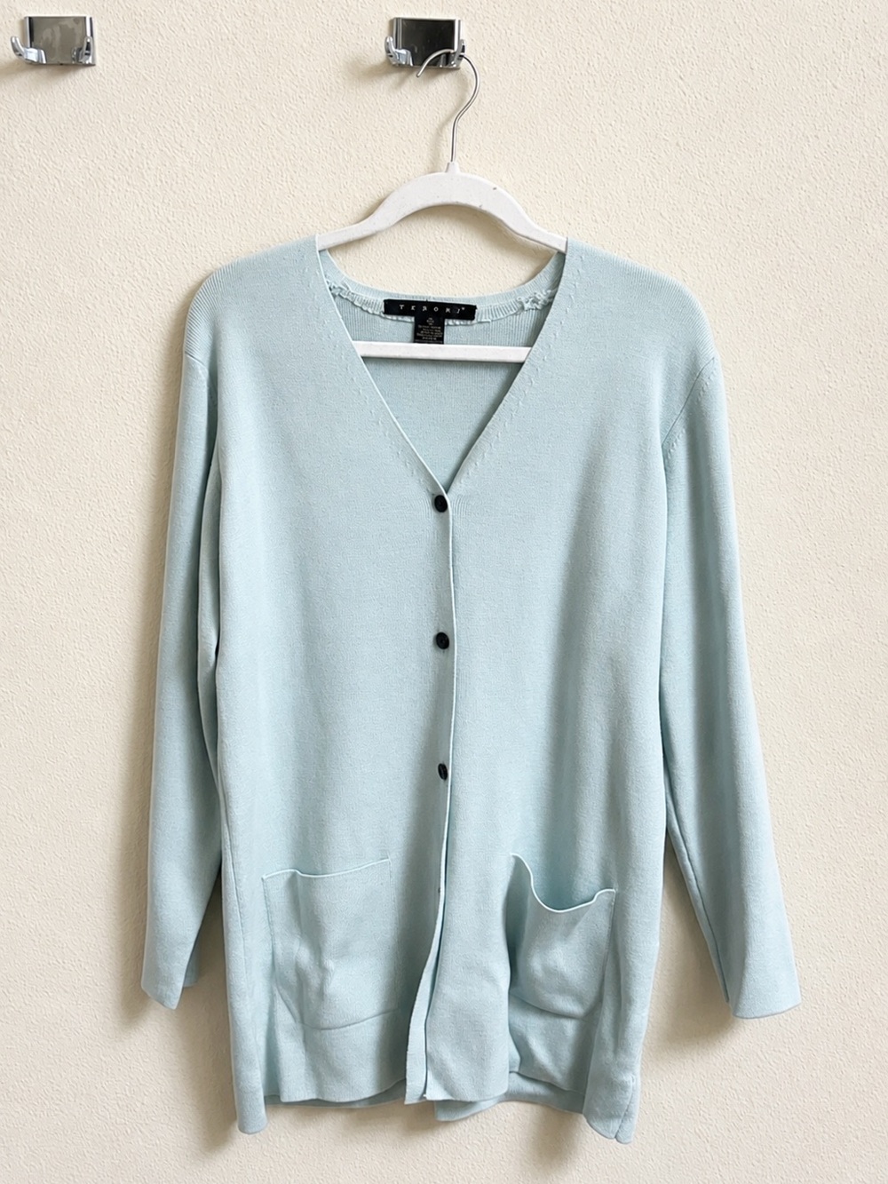 Tesori 100% Extra Fine Merino Wool Button Front Cardigan Sweater Light Blue S